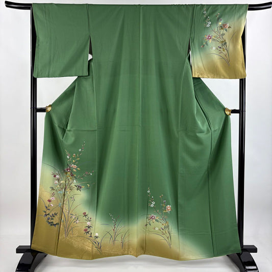 訪問服 身長161cm 袖長66cm M 雙層 草花紋紋 流水 金銀彩 漸層 綠 純蠶絲 優品級