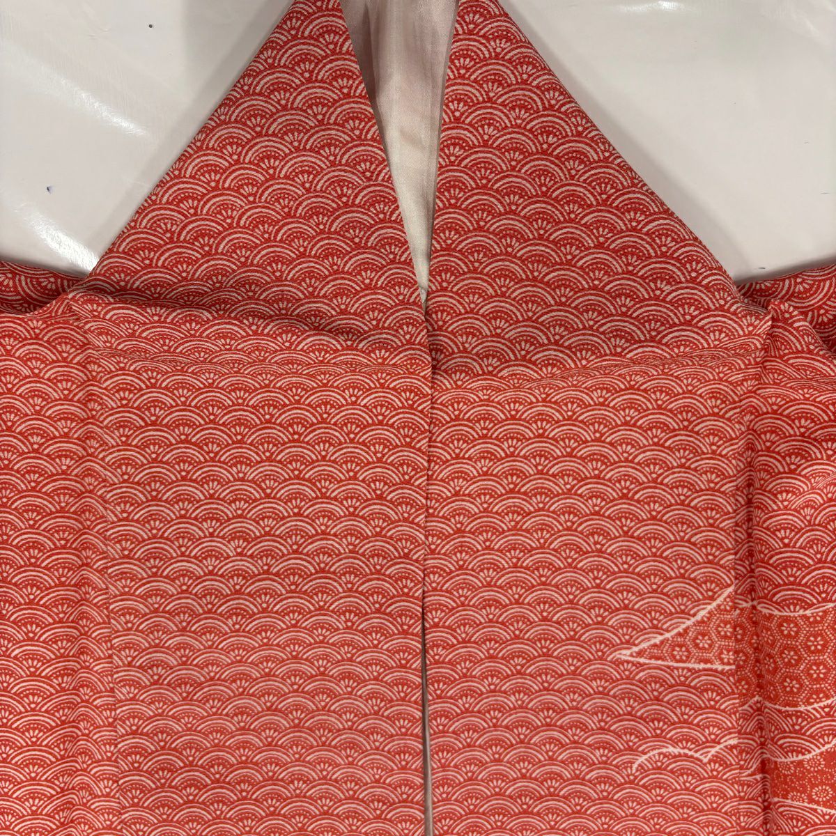 訪問服 身長157cm 袖長66.5cm M 雙層 束ね熨斗紋 青海波 鮭粉色 純蠶絲 美品 優品級