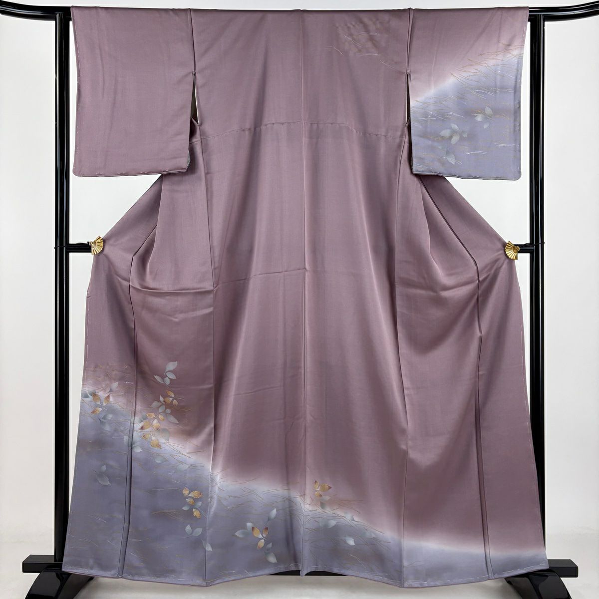 訪問服 身長160.5cm 袖長62cm S 雙層 葉柄 松樹葉 金銀彩 漸層 灰紫 純蠶絲 優品級