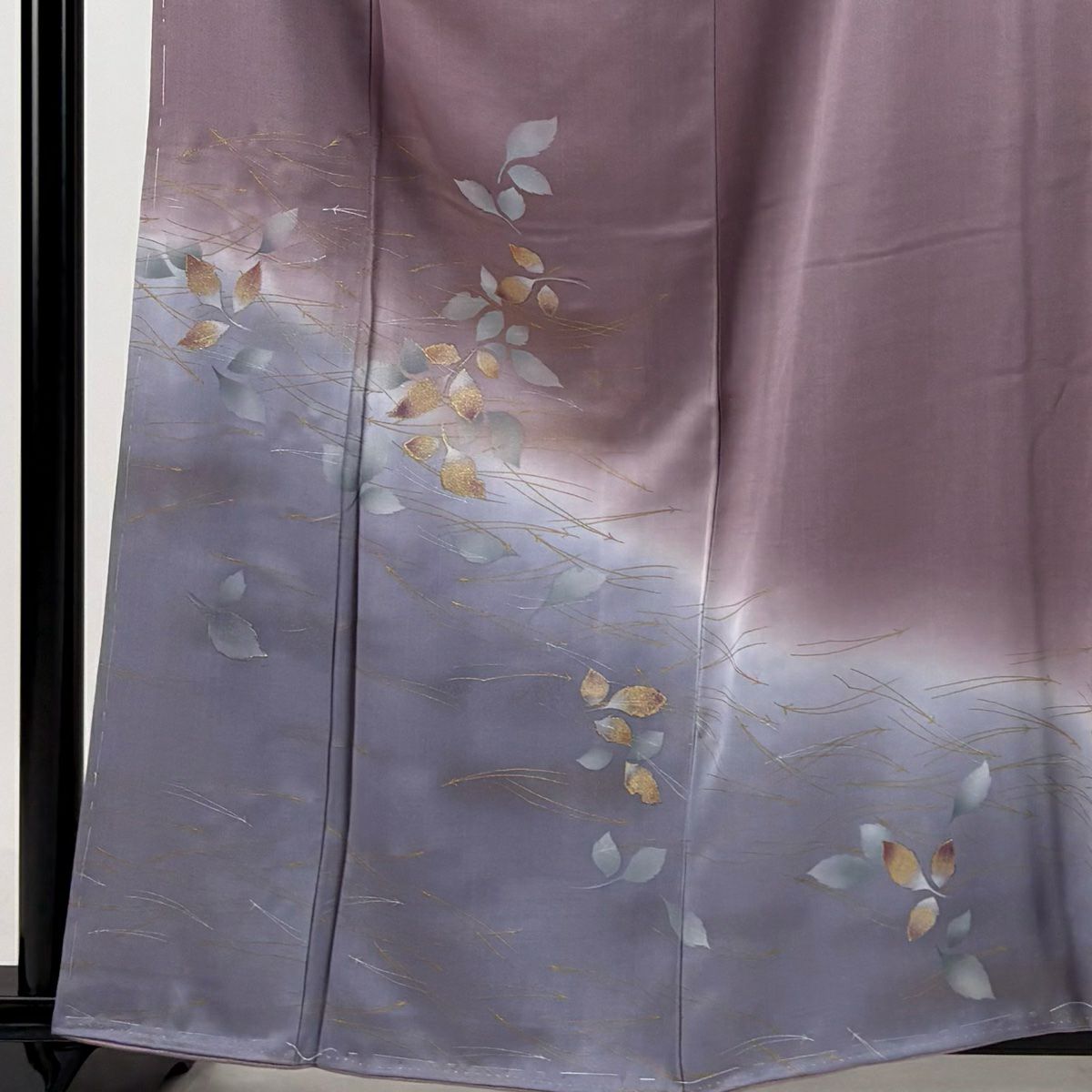 訪問服 身長160.5cm 袖長62cm S 雙層 葉柄 松樹葉 金銀彩 漸層 灰紫 純蠶絲 優品級