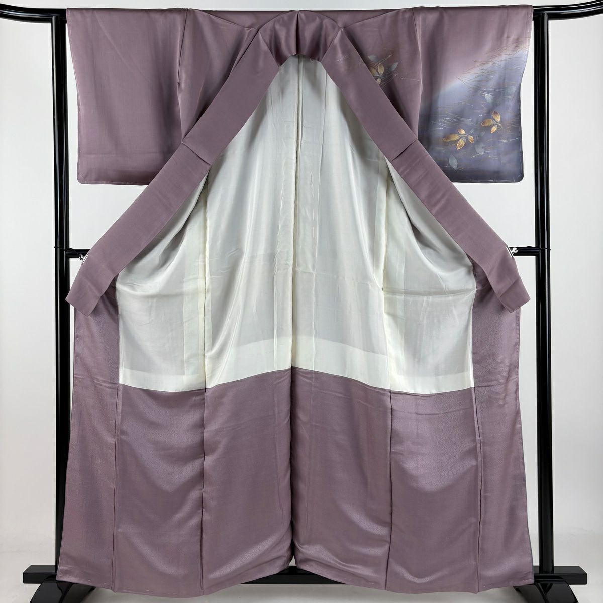 訪問服 身長160.5cm 袖長62cm S 雙層 葉柄 松樹葉 金銀彩 漸層 灰紫 純蠶絲 優品級