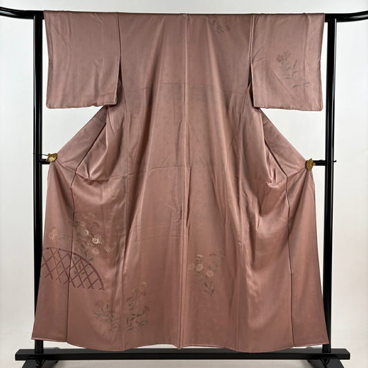 付下 身長155cm 袖長62.5cm S 雙層 秋草 間垣 刺繡 薄小豆 純蠶絲 優品級 一つ紋