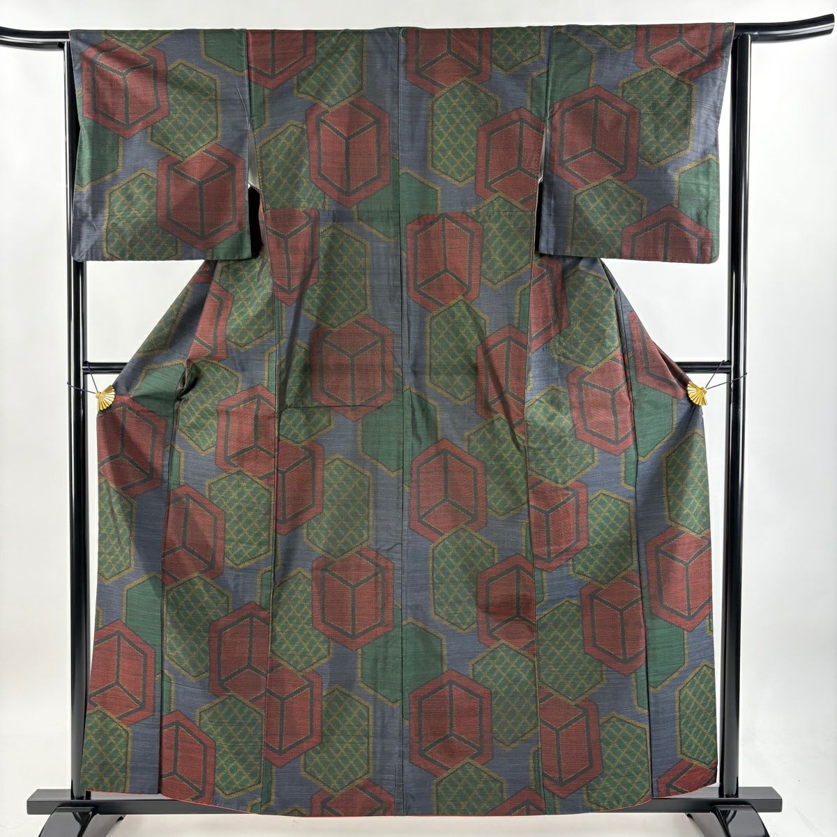 紬織 身長160.5cm 袖長63.5cm S 雙層 龜甲 幾何學圖案 深藍 純蠶絲 美品 優品級