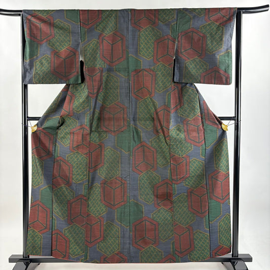 紬織 身長160.5cm 袖長63.5cm S 雙層 龜甲 幾何學圖案 深藍 純蠶絲 美品 優品級