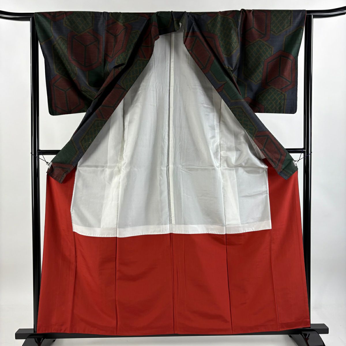紬織 身長160.5cm 袖長63.5cm S 雙層 龜甲 幾何學圖案 深藍 純蠶絲 美品 優品級