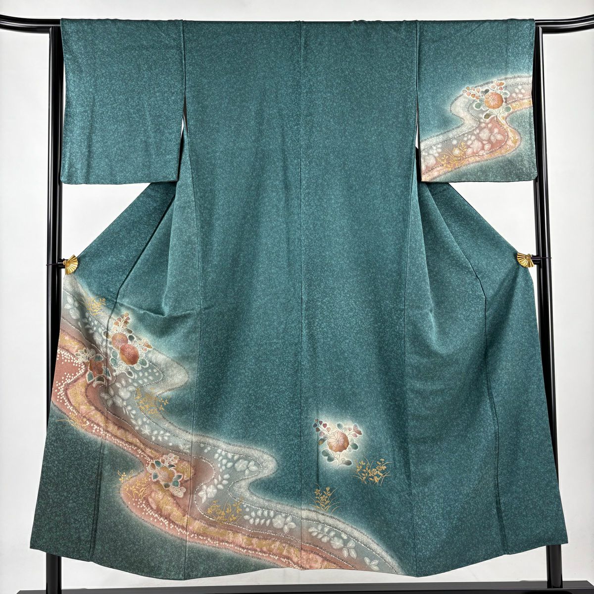 訪問服 身長151cm 袖長64cm M 雙層 草花紋紋 流水 金銀彩 漸層 綠 純蠶絲 秀品級
