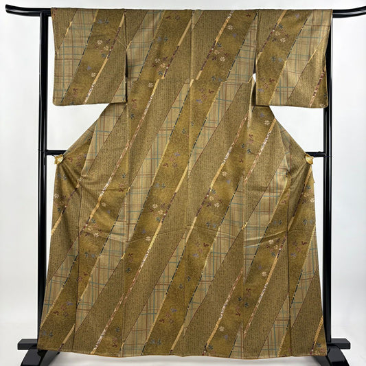 【美品】 小紋 身長165cm 袖長63cm S 雙層 斜紋 草花紋紋 金彩裝飾 山吹茶 純蠶絲 秀品級