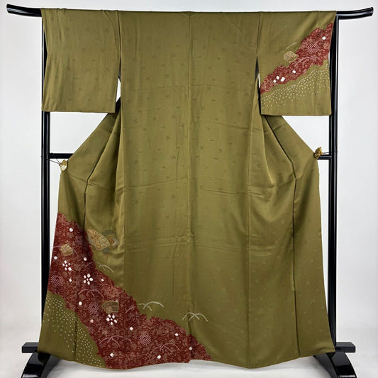 付下 身長163.5cm 袖長66cm M 雙層 扇子面 草花紋紋 刺繡 金線 茶綠 純蠶絲 秀品級