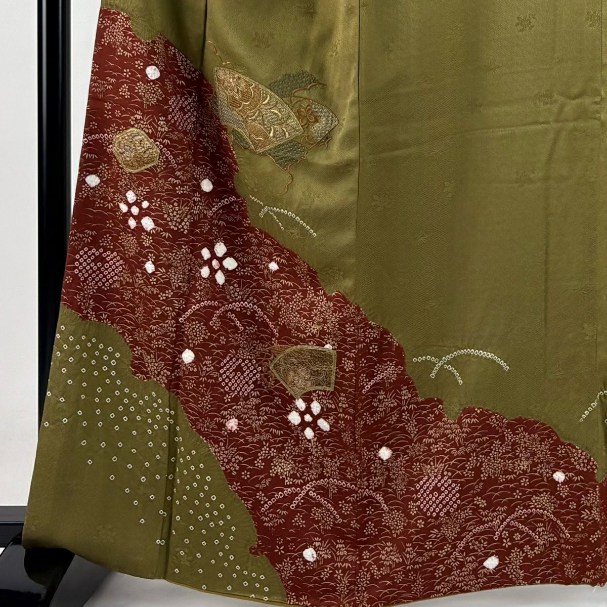 付下 身長163.5cm 袖長66cm M 雙層 扇子面 草花紋紋 刺繡 金線 茶綠 純蠶絲 秀品級