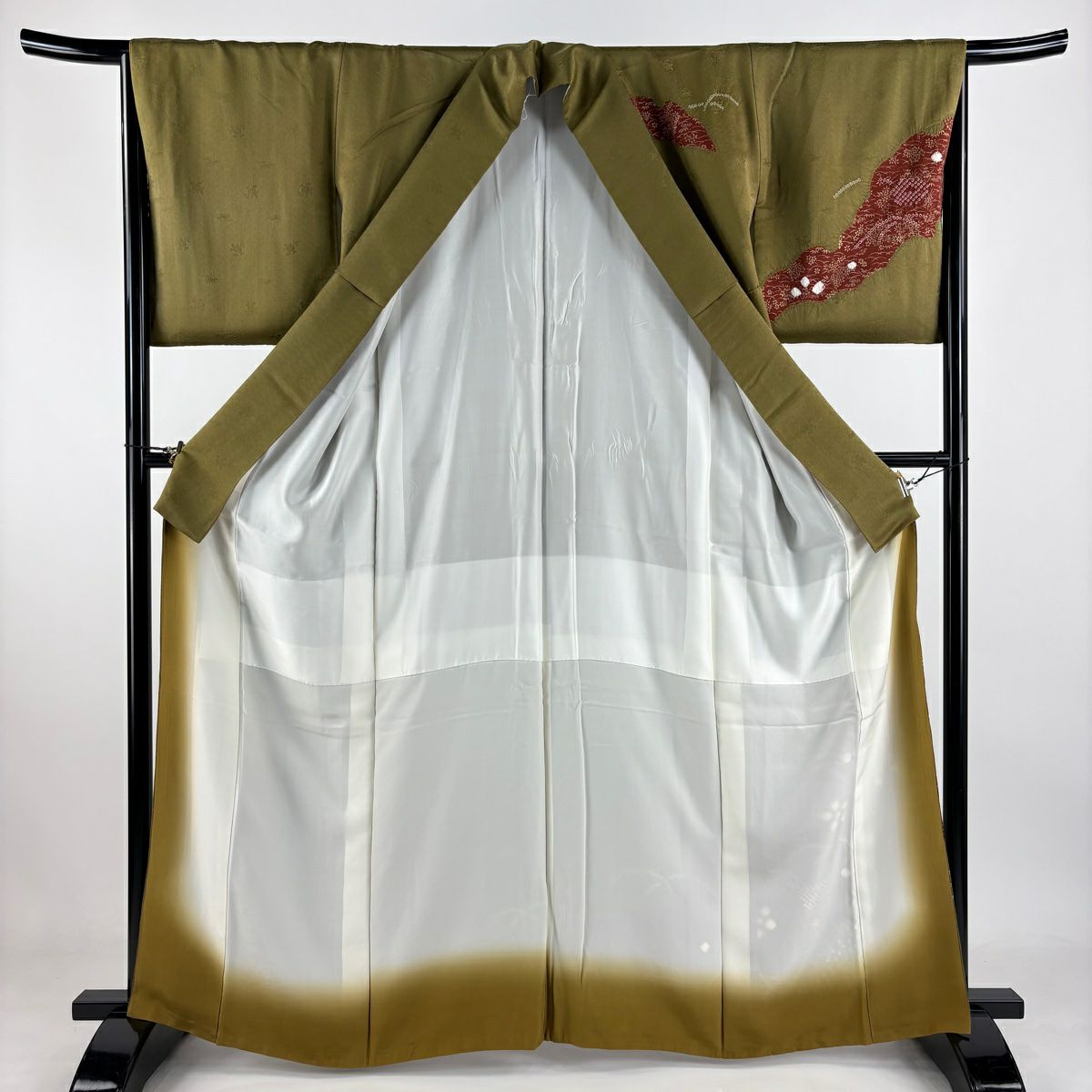 付下 身長163.5cm 袖長66cm M 雙層 扇子面 草花紋紋 刺繡 金線 茶綠 純蠶絲 秀品級