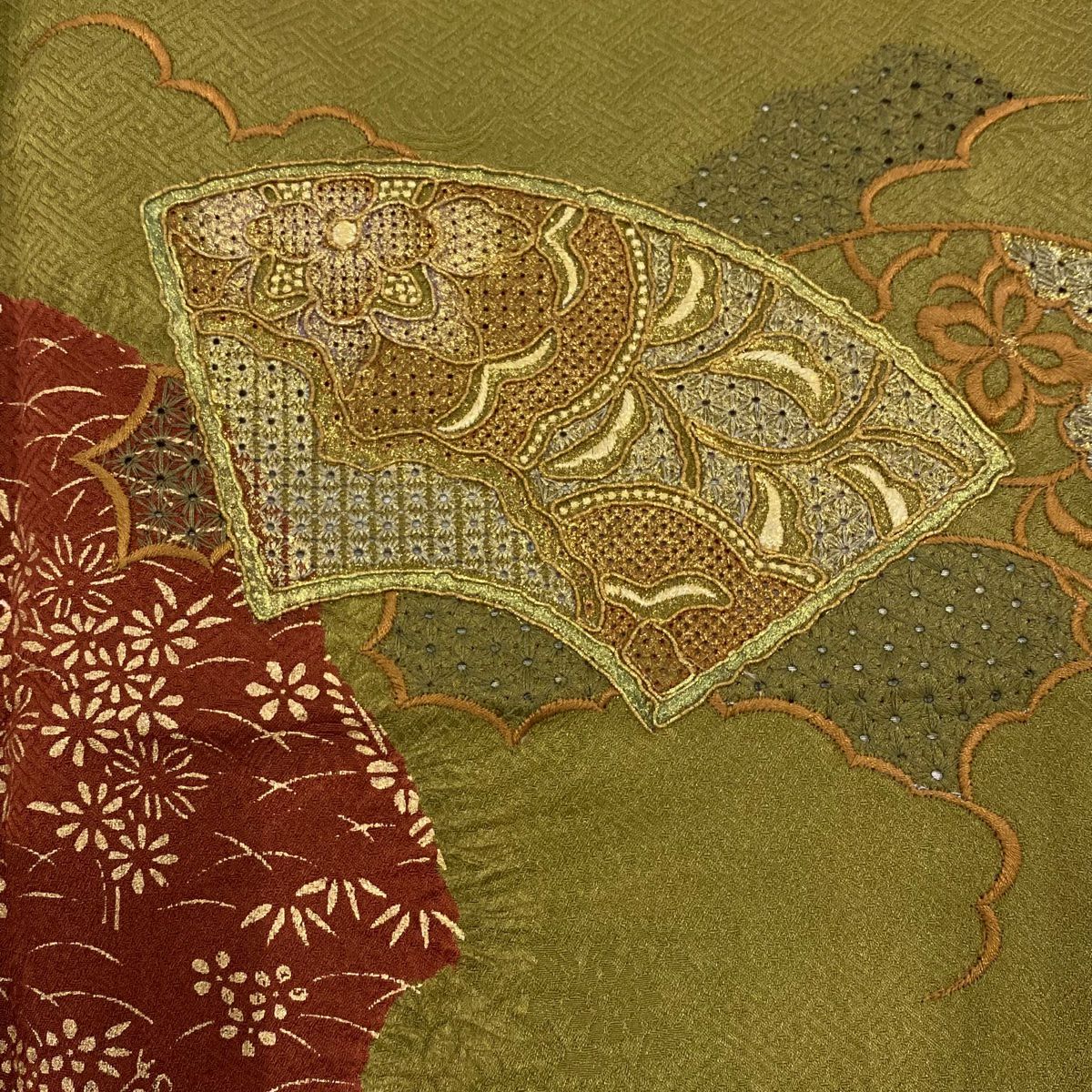 付下 身長163.5cm 袖長66cm M 雙層 扇子面 草花紋紋 刺繡 金線 茶綠 純蠶絲 秀品級