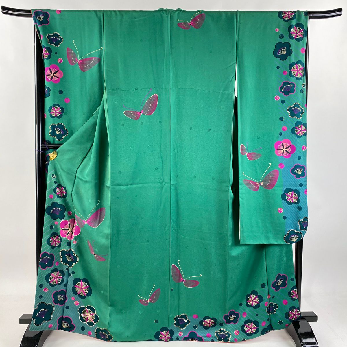 【清倉特賣】振袖禮服 身長167cm 袖長67cm M 雙層 梅花 蝶 金銀彩 綠 純蠶絲 名品級
