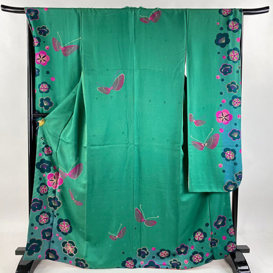 【清倉特賣】振袖禮服 身長167cm 袖長67cm M 雙層 梅花 蝶 金銀彩 綠 純蠶絲 名品級