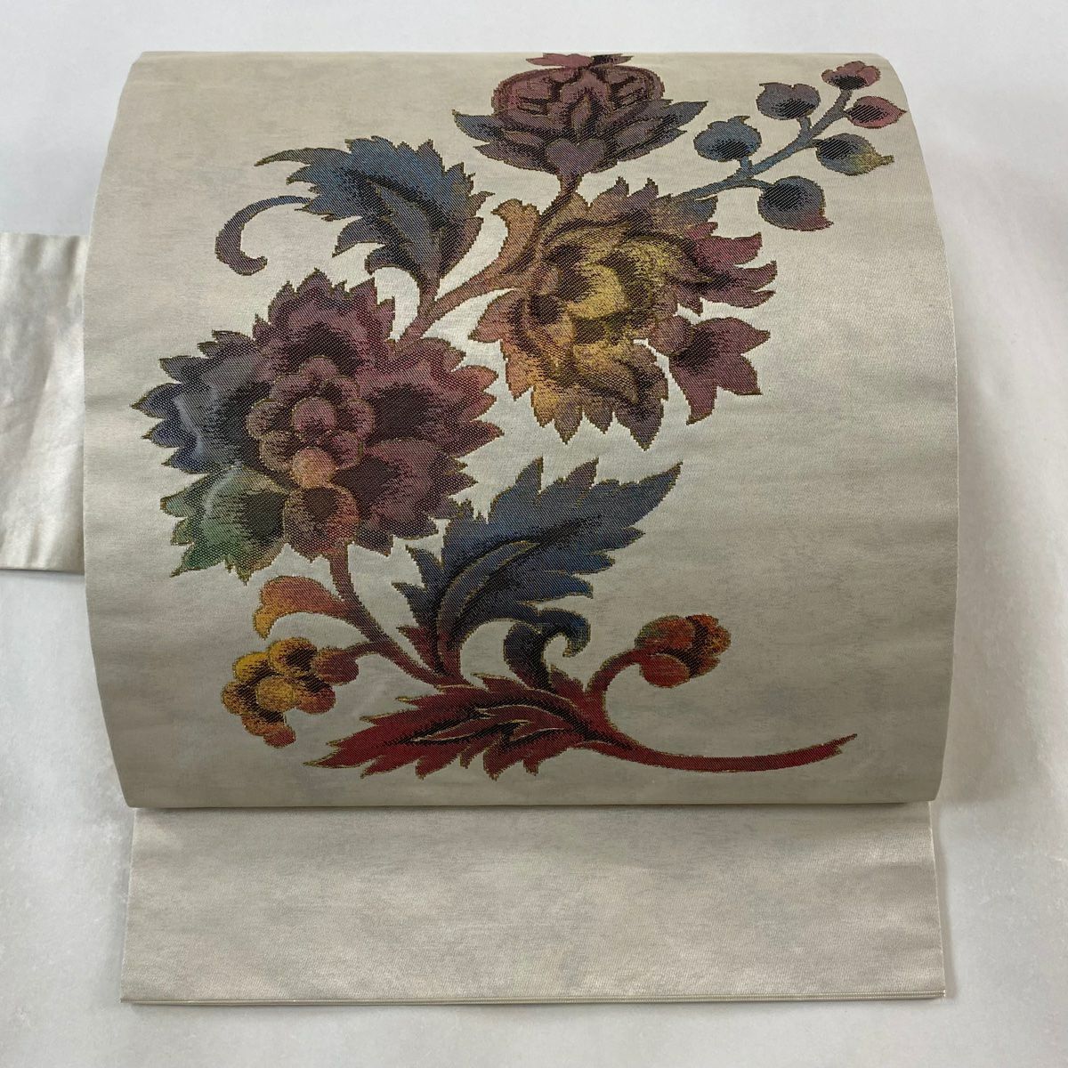 名古屋帶 優品級 更紗 草花紋紋 金金箔 金絲 灰茶 純蠶絲
