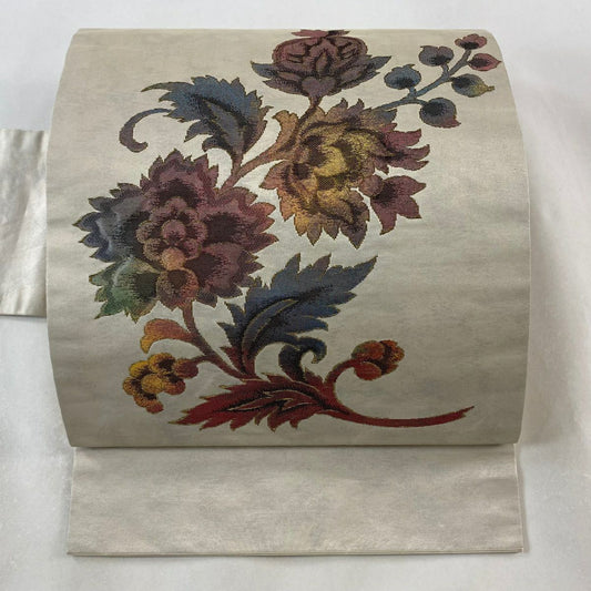 名古屋帶 優品級 更紗 草花紋紋 金金箔 金絲 灰茶 純蠶絲