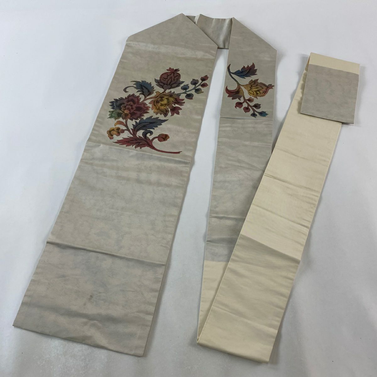 名古屋帶 優品級 更紗 草花紋紋 金金箔 金絲 灰茶 純蠶絲