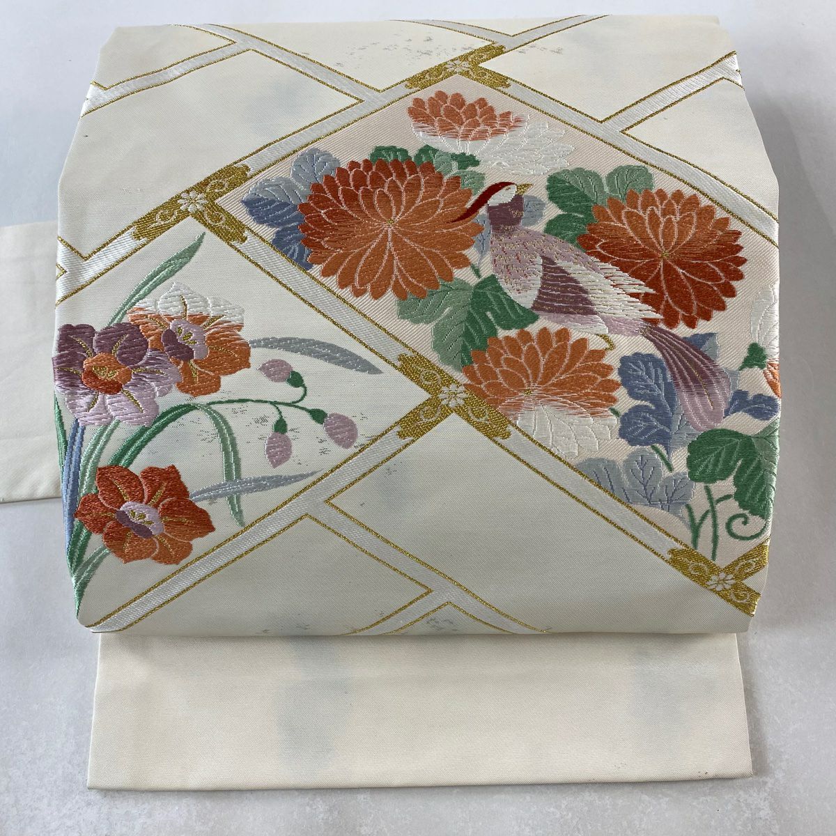 名古屋帶 優品級 菊花花 鳥刺繡 金絲 奶油色 純蠶絲