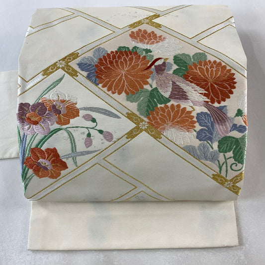 名古屋帶 優品級 菊花花 鳥刺繡 金絲 奶油色 純蠶絲