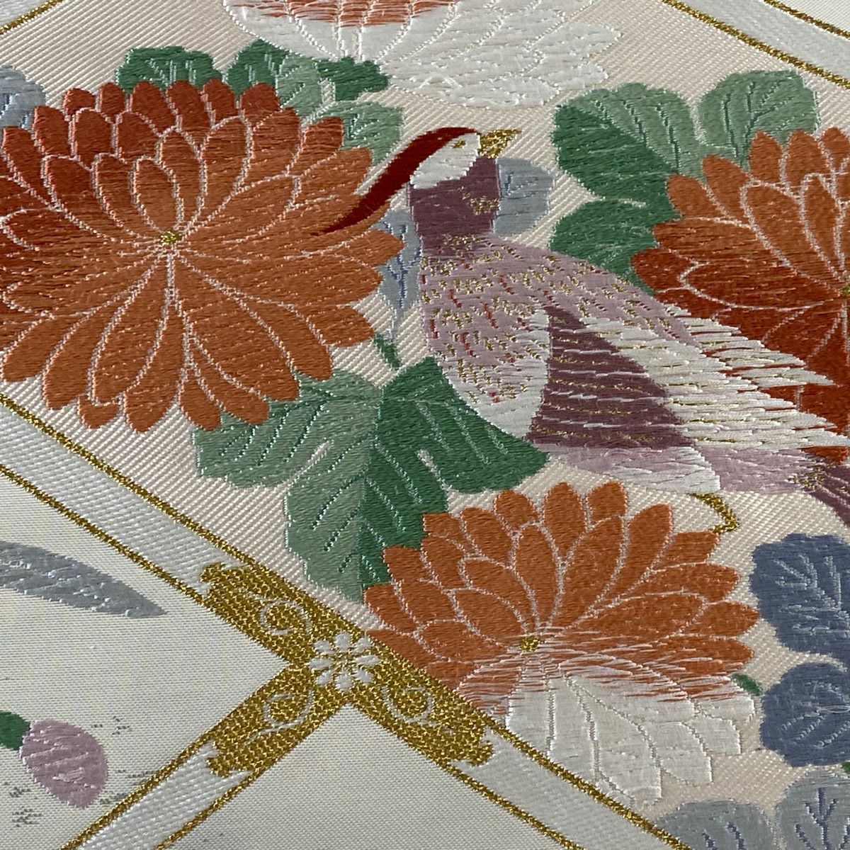 名古屋帶 優品級 菊花花 鳥刺繡 金絲 奶油色 純蠶絲