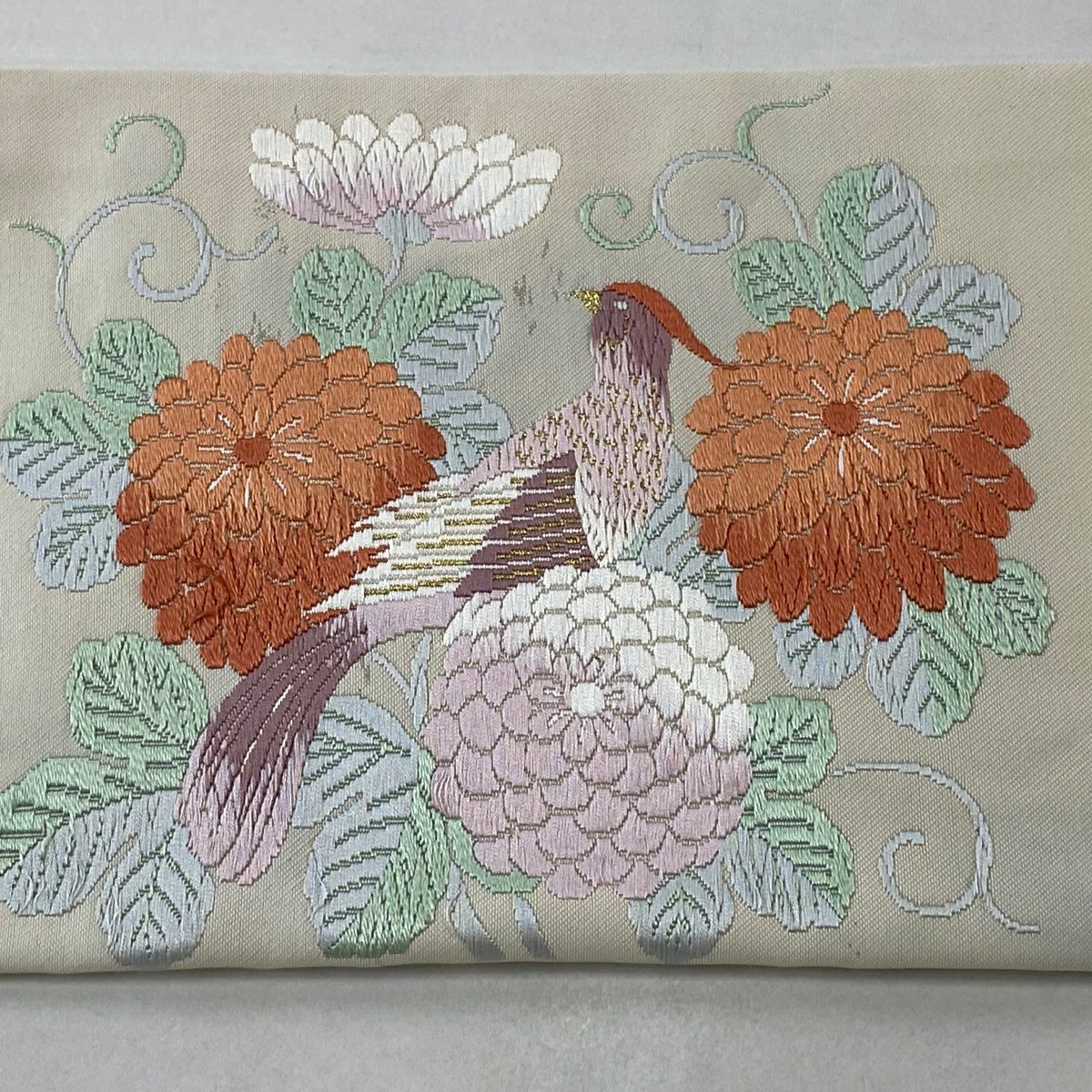 名古屋帶 優品級 菊花花 鳥刺繡 金絲 奶油色 純蠶絲