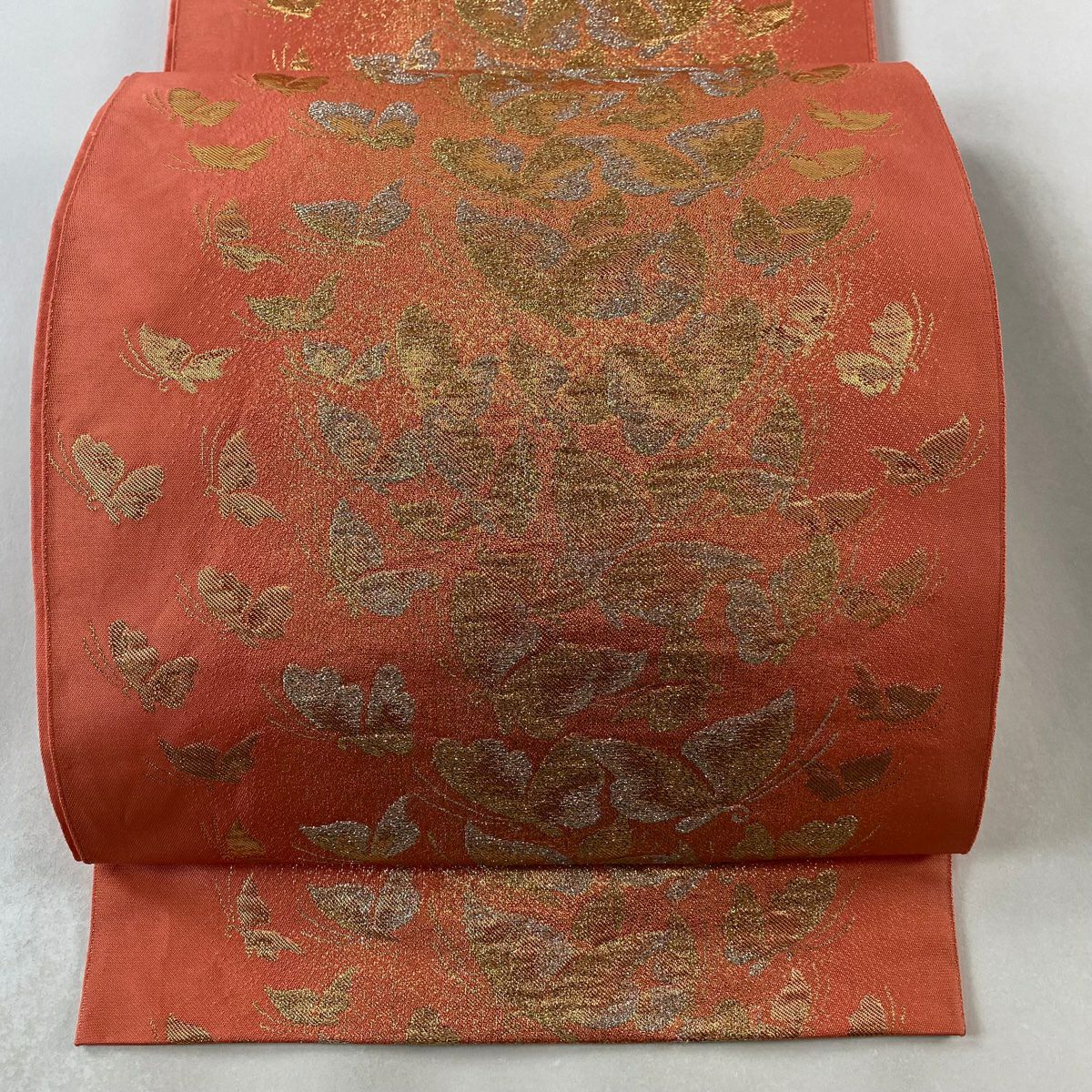 袋帶 美品 秀品級 蝶 金金箔 鮭粉色 六通 純蠶絲