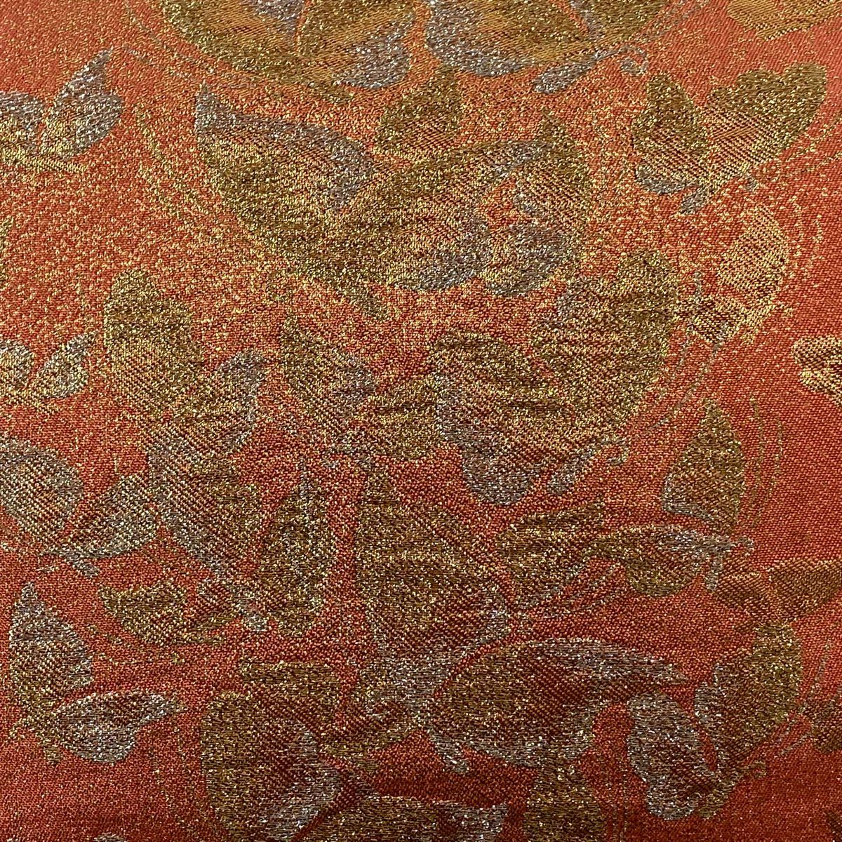 袋帶 美品 秀品級 蝶 金金箔 鮭粉色 六通 純蠶絲