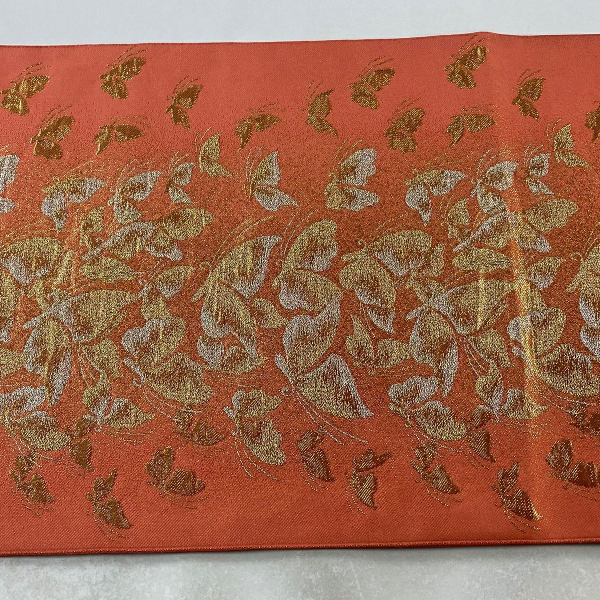 袋帶 美品 秀品級 蝶 金金箔 鮭粉色 六通 純蠶絲