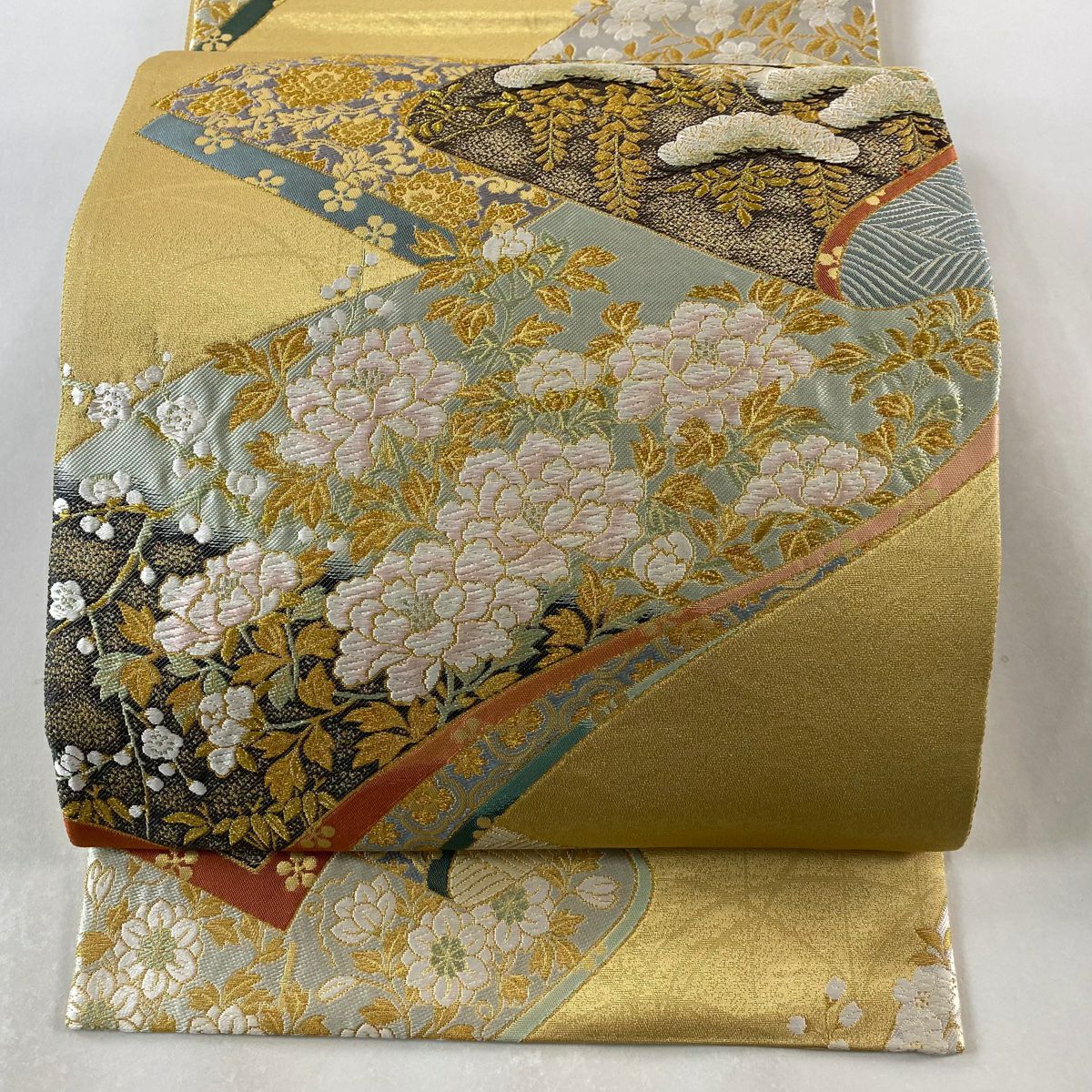 袋帶 美品 秀品級 卷物 草花紋 金絲 金金箔 金色 六通 純蠶絲