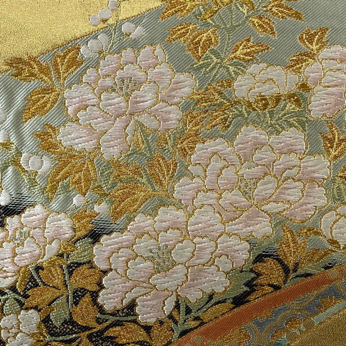 袋帶 美品 秀品級 卷物 草花紋 金絲 金金箔 金色 六通 純蠶絲