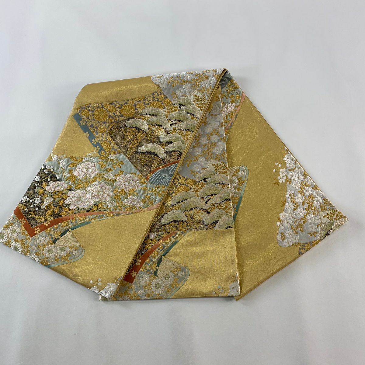 袋帶 美品 秀品級 卷物 草花紋 金絲 金金箔 金色 六通 純蠶絲