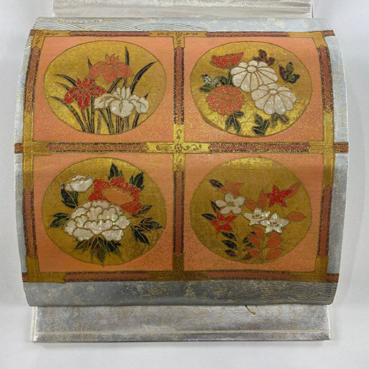 袋帶 秀品級 關西仕立 草花紋 圓文 螺鈿金金箔 金金箔 銀 お太鼓圖案 純蠶絲