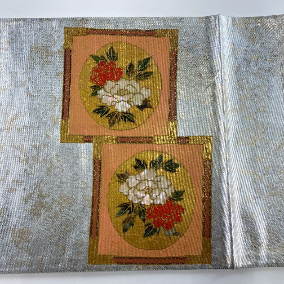 袋帶 秀品級 關西仕立 草花紋 圓文 螺鈿金金箔 金金箔 銀 お太鼓圖案 純蠶絲