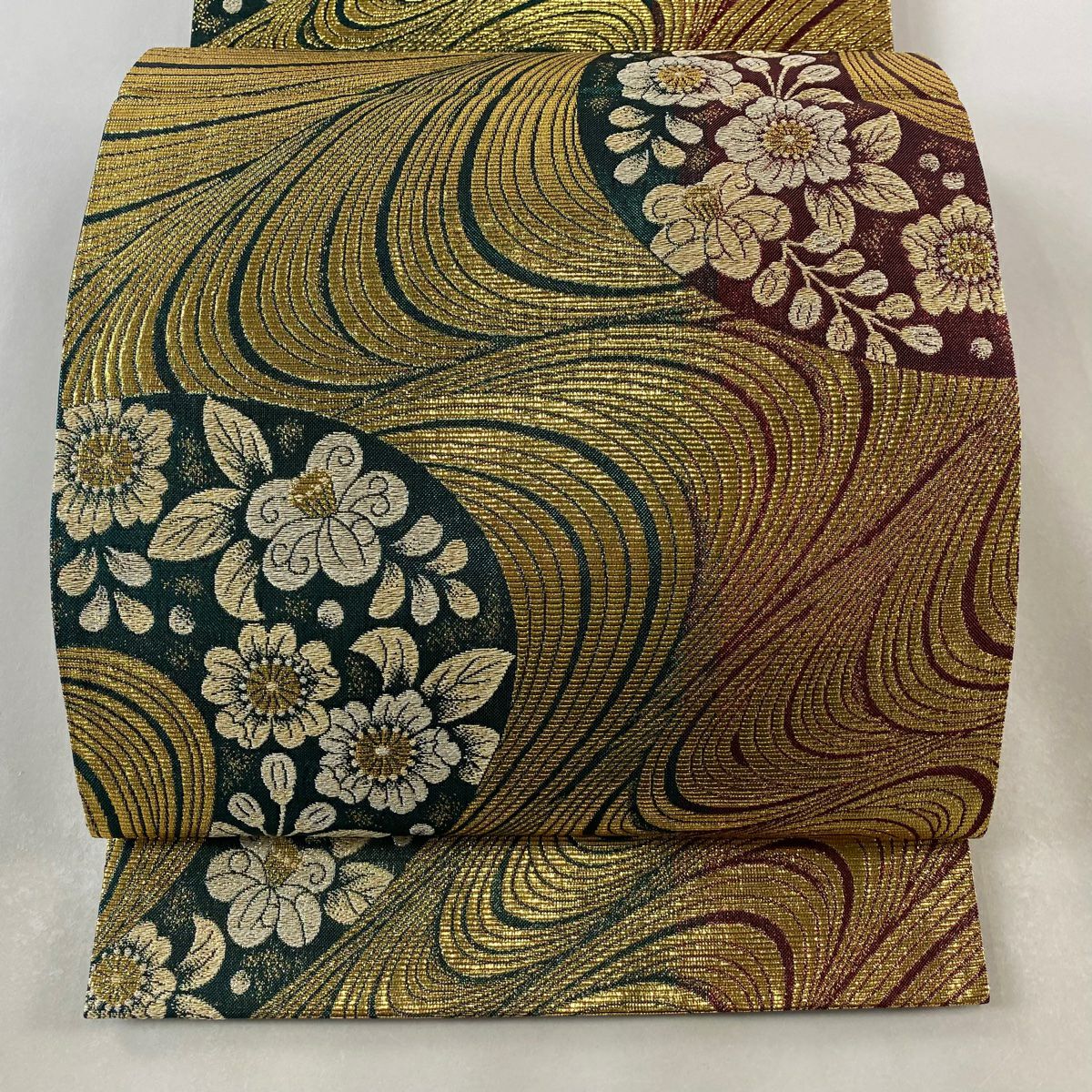 袋帶 美品 秀品級 草花紋紋 幾何學 金絲 金金箔 金色 六通 純蠶絲