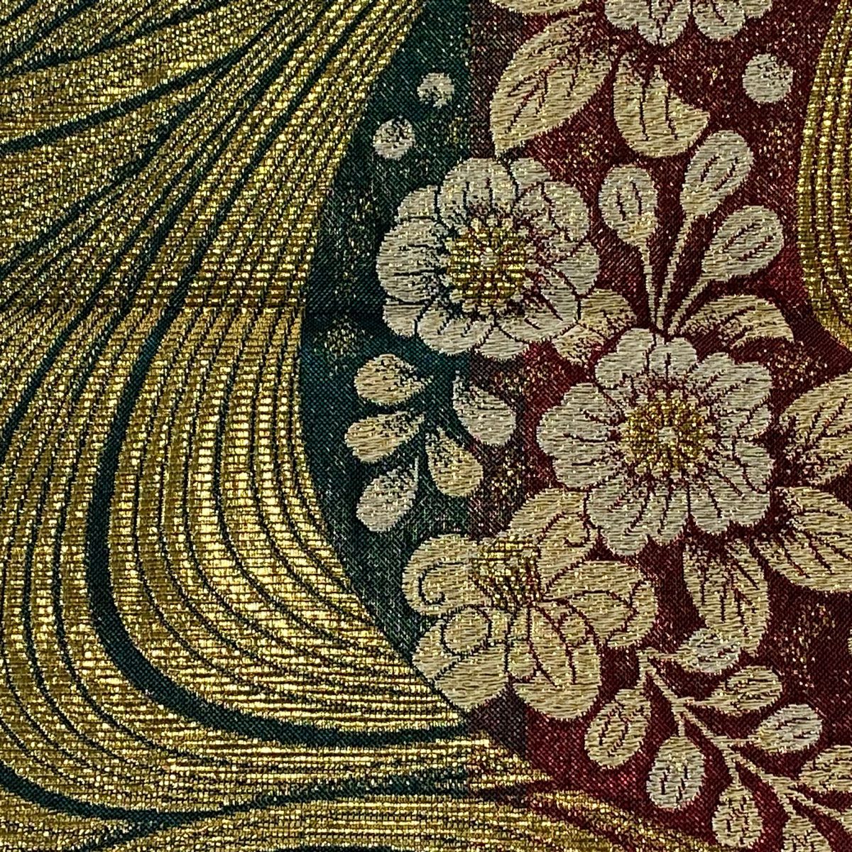袋帶 美品 秀品級 草花紋紋 幾何學 金絲 金金箔 金色 六通 純蠶絲