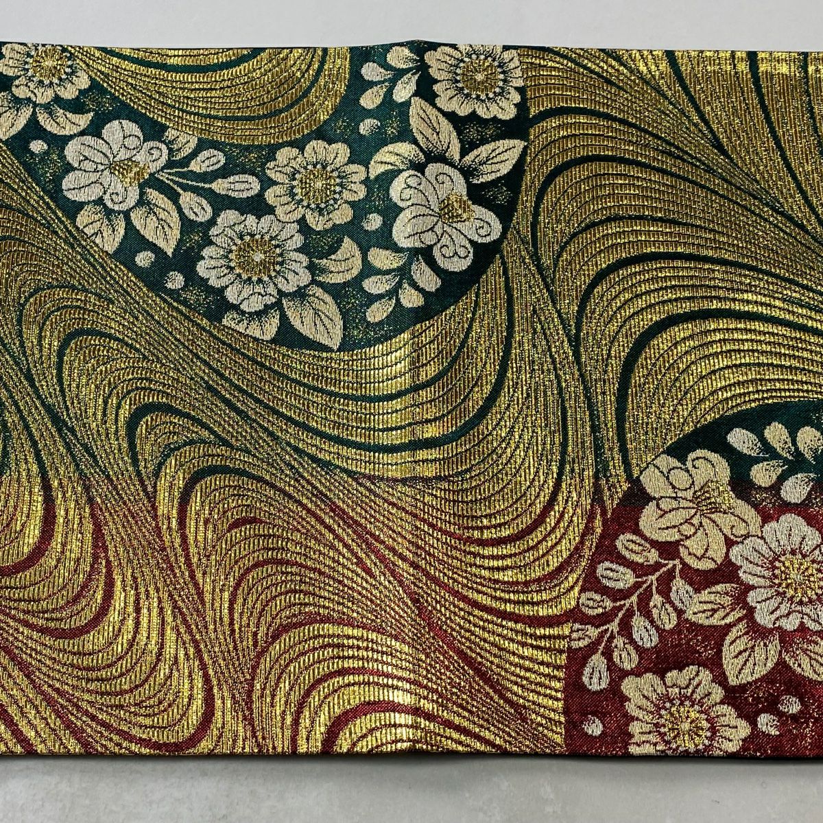 袋帶 美品 秀品級 草花紋紋 幾何學 金絲 金金箔 金色 六通 純蠶絲