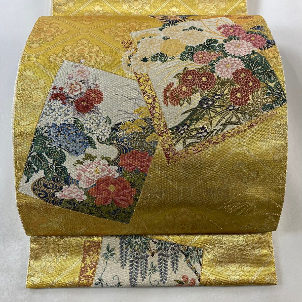 袋帶 美品 秀品級 色紙 草花紋 金銀絲 金金箔 金色 大鼓圖案 純蠶絲