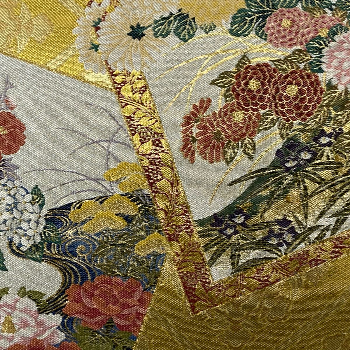 袋帶 美品 秀品級 色紙 草花紋 金銀絲 金金箔 金色 大鼓圖案 純蠶絲