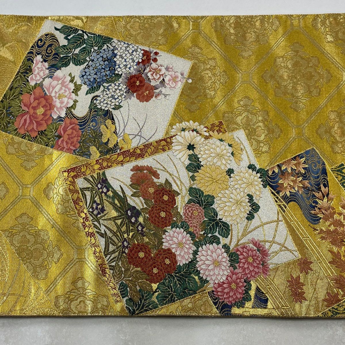 袋帶 美品 秀品級 色紙 草花紋 金銀絲 金金箔 金色 大鼓圖案 純蠶絲
