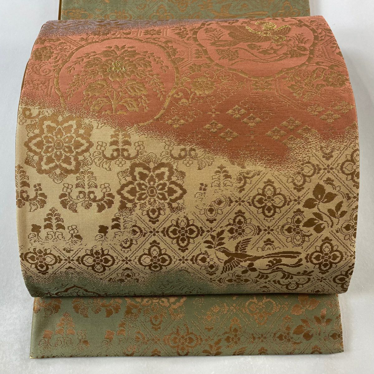 袋帶 美品 秀品級 花喰い鳥 華紋 金糸 金箔 茶色 六通 純蠶絲