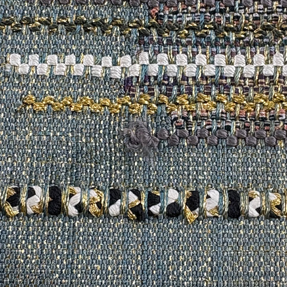 袋帶 美品 秀品級 條紋 金絲 灰綠色 大鼓圖案 純蠶絲