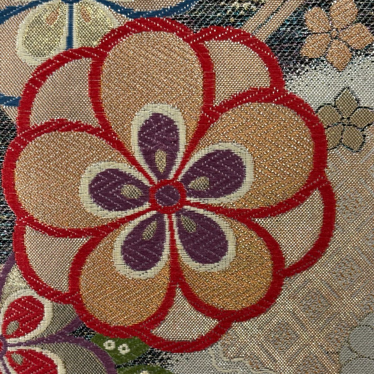 袋帶 秀品級 梅花 草花紋 金銀絲 金金箔 淺橙 六通 純蠶絲