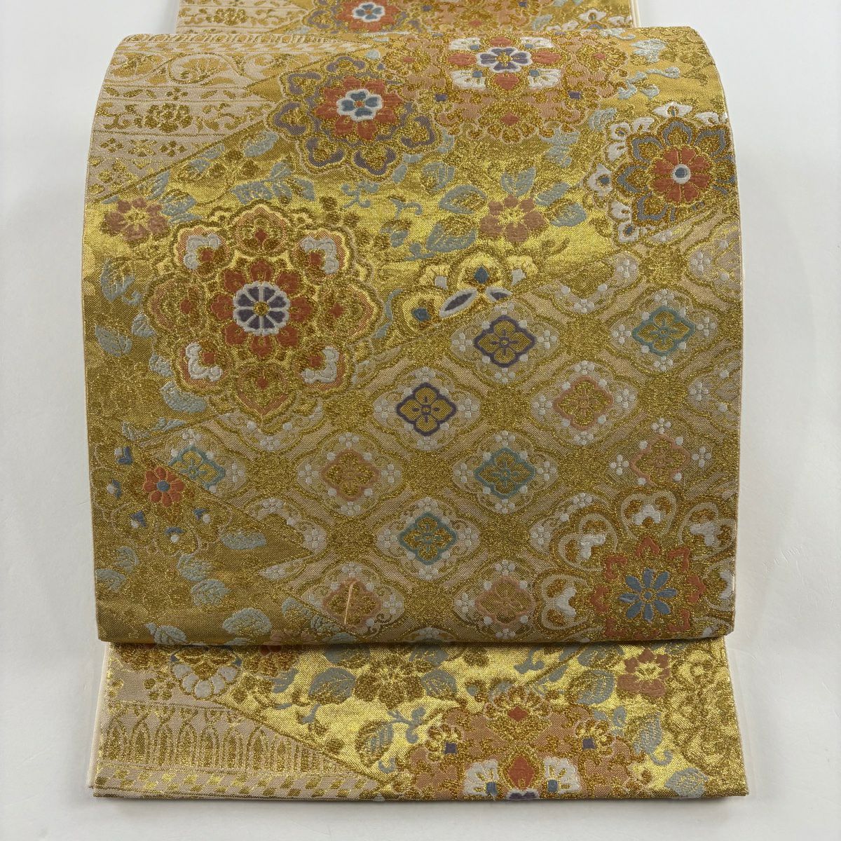 袋帶 美品 秀品級 華紋 花菱 金絲 金金箔 金 六通 純蠶絲