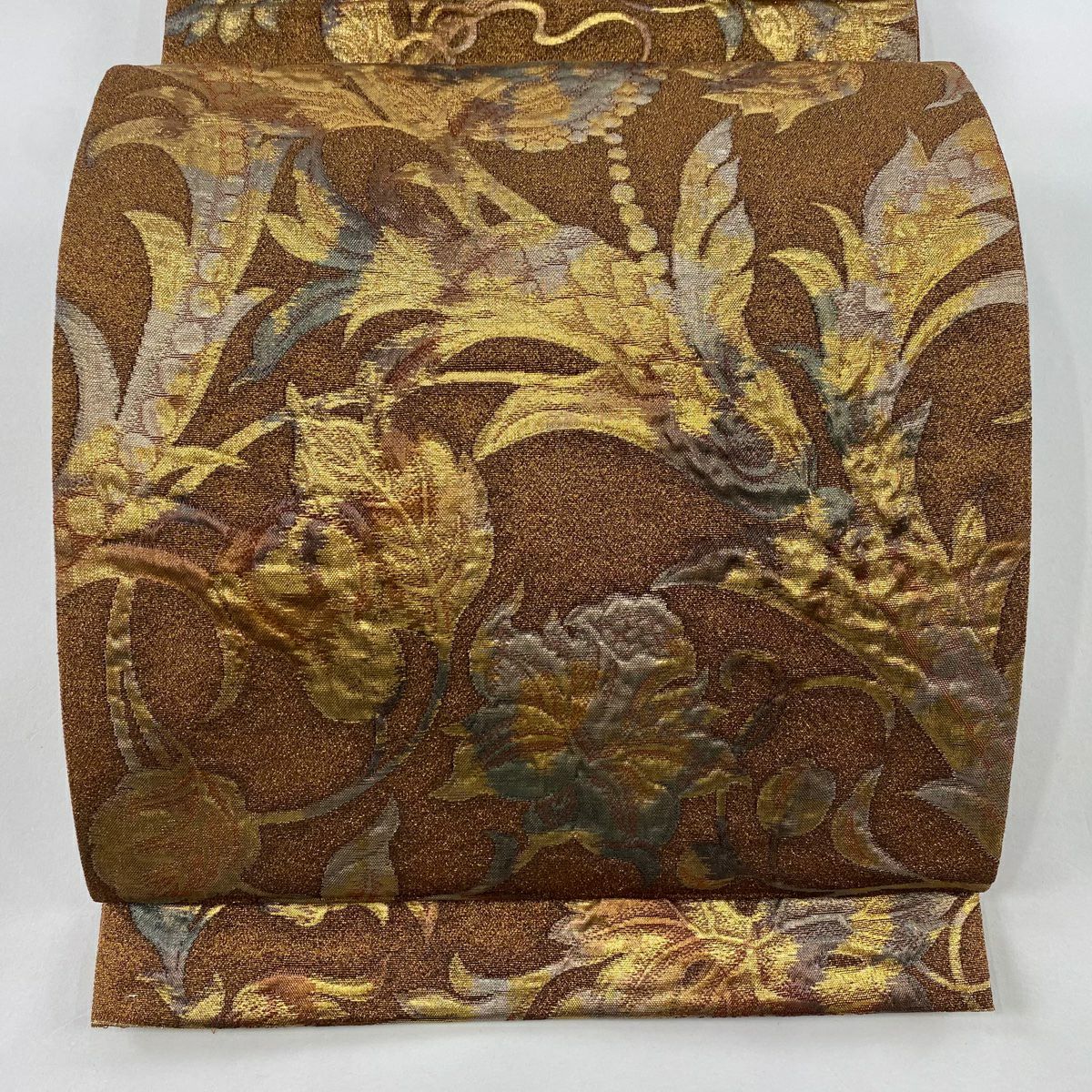 袋帶 美品 名品級 草花紋 金糸 金金箔 茶 六通 純蠶絲