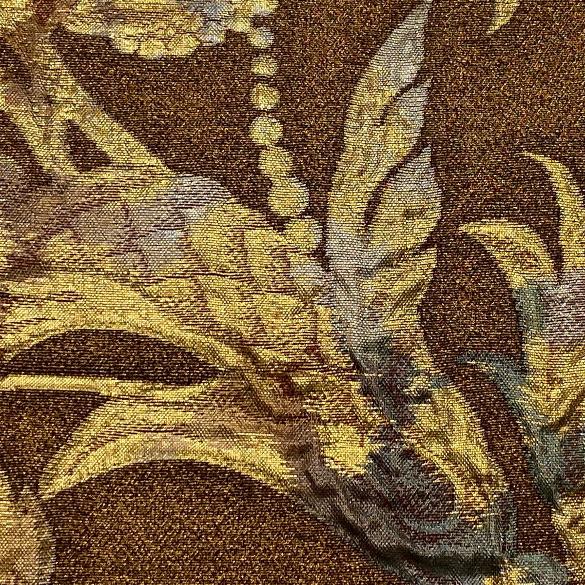 袋帶 美品 名品級 草花紋 金糸 金金箔 茶 六通 純蠶絲