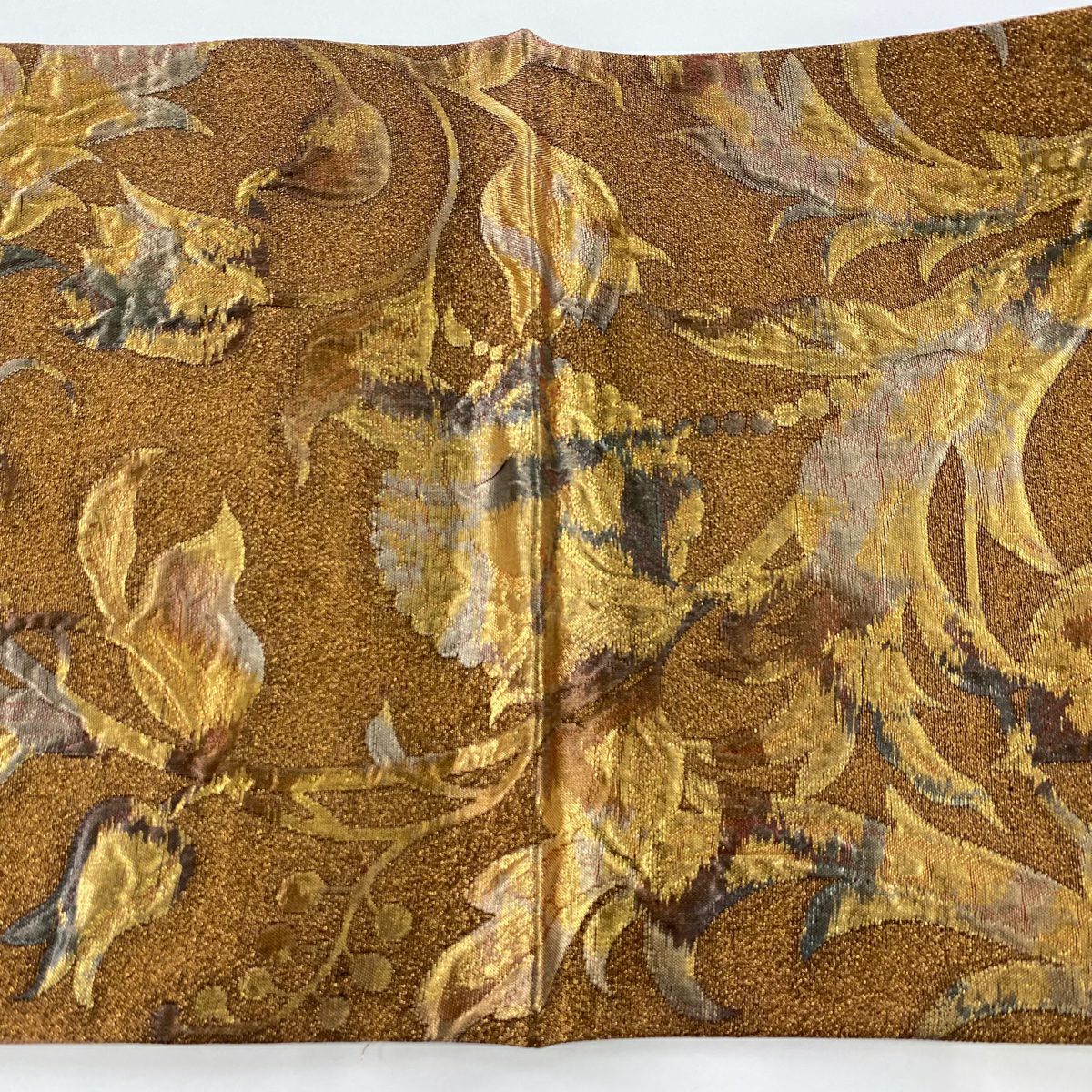 袋帶 美品 名品級 草花紋 金糸 金金箔 茶 六通 純蠶絲