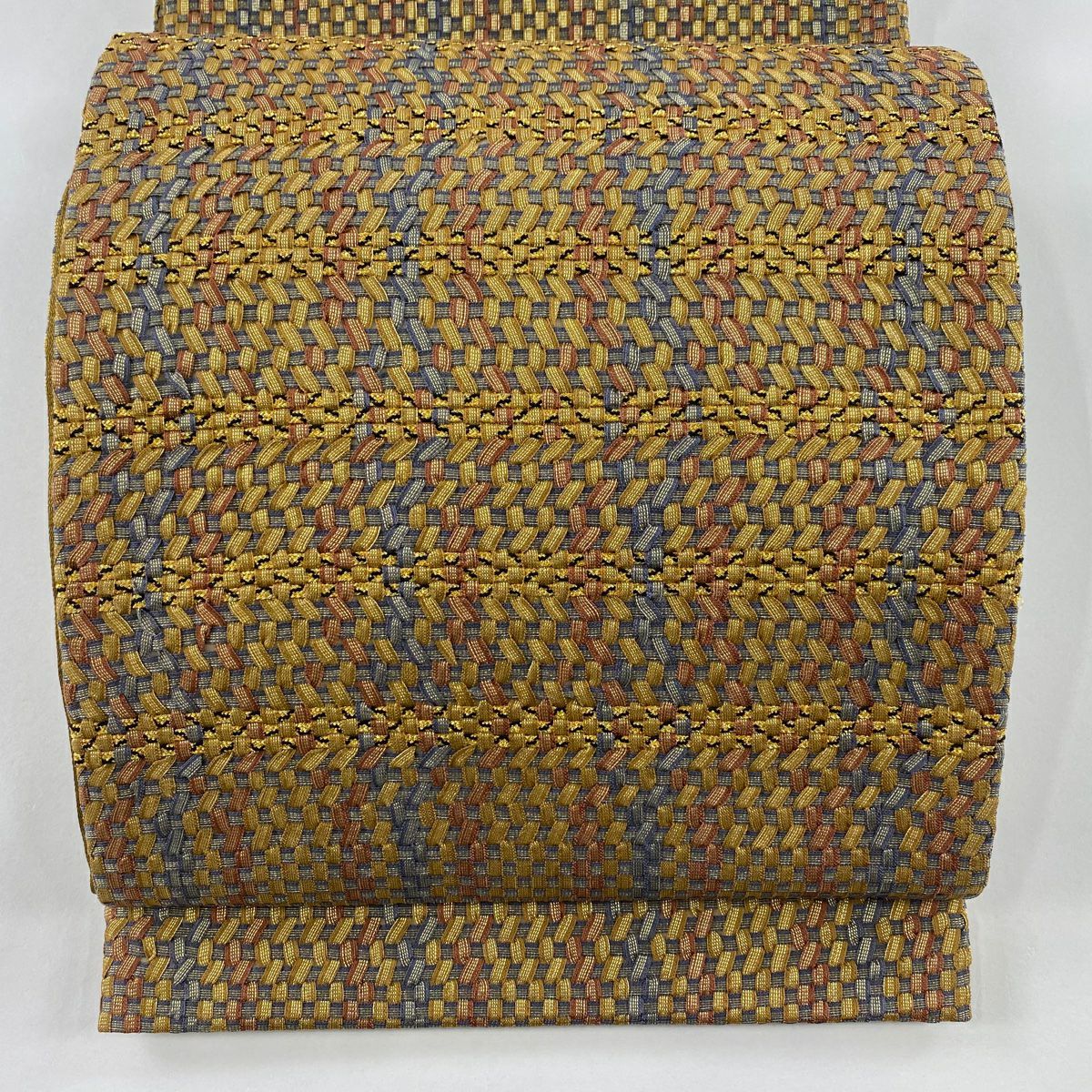 袋帶 美品 名品級 幾何學 縞 金絲 黃土色 大鼓圖案 純蠶絲