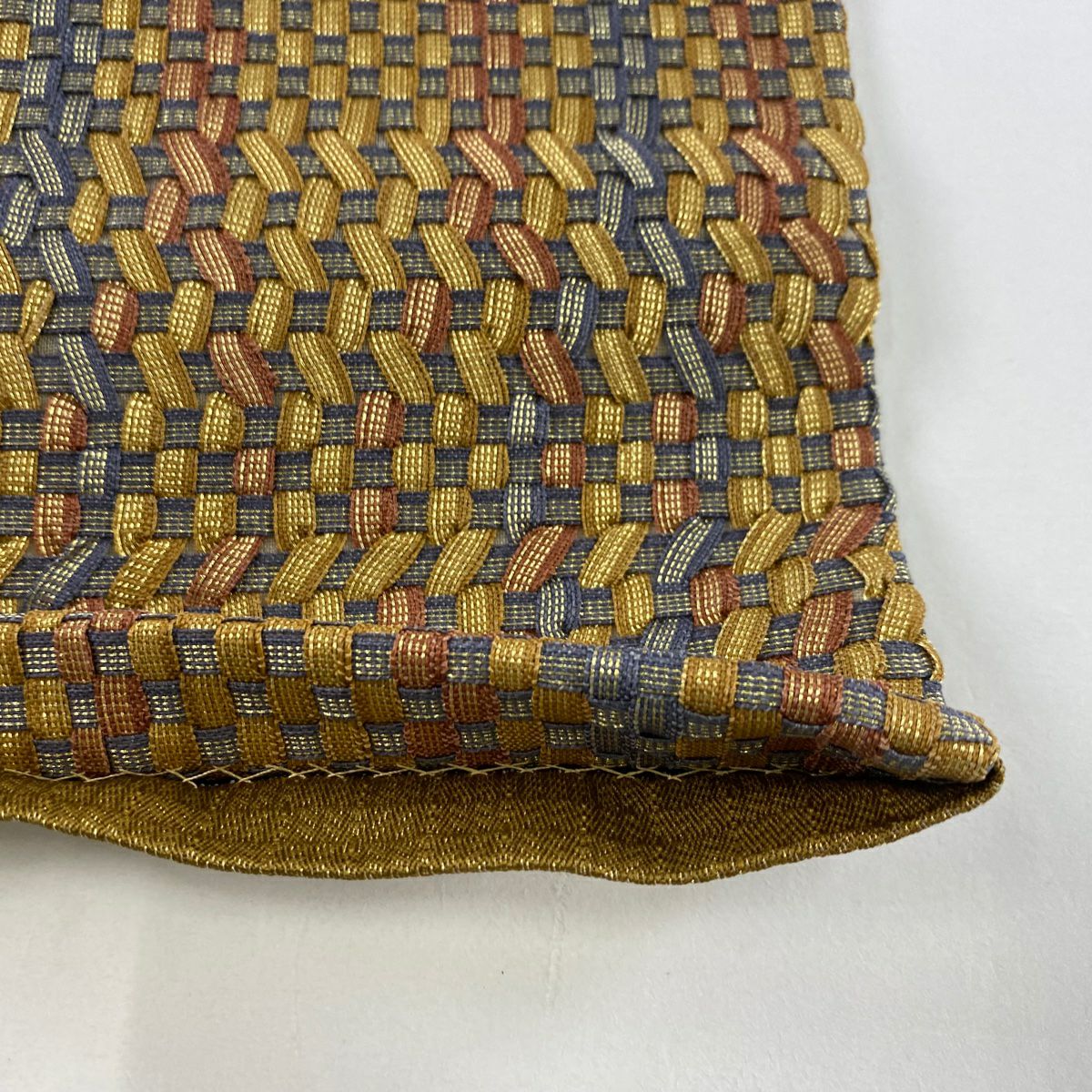 袋帶 美品 名品級 幾何學 縞 金絲 黃土色 大鼓圖案 純蠶絲