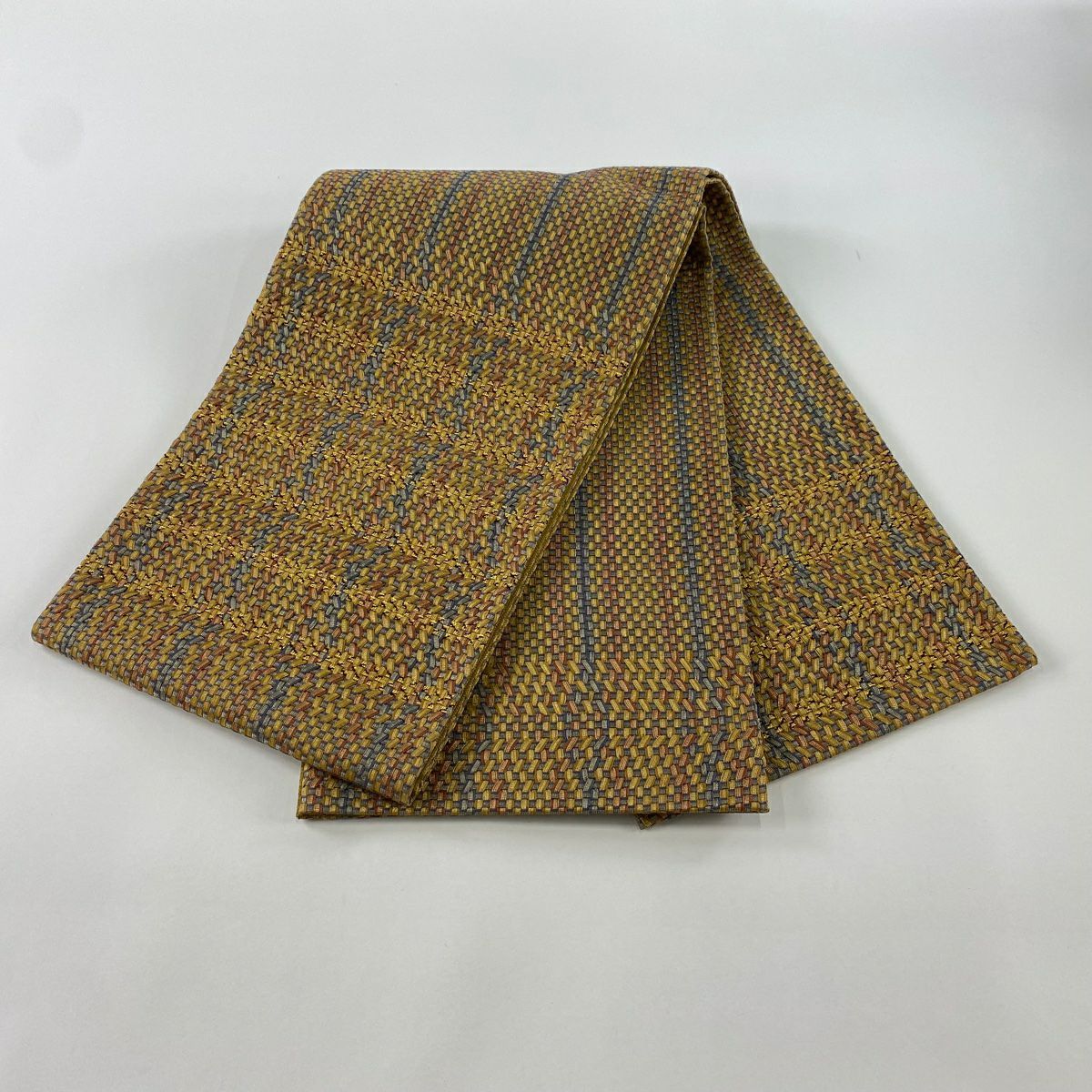 袋帶 美品 名品級 幾何學 縞 金絲 黃土色 大鼓圖案 純蠶絲