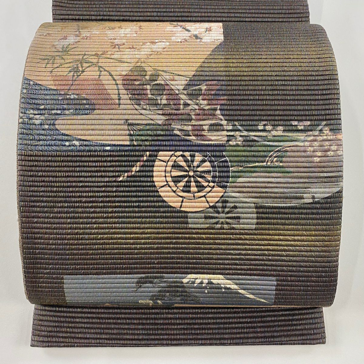 袋帶 美品 名品級 源氏車 樱花 金絲 金金箔 灰茶 大鼓圖案 純蠶絲