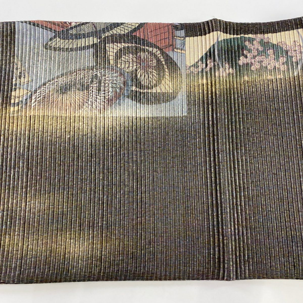袋帶 美品 名品級 源氏車 樱花 金絲 金金箔 灰茶 大鼓圖案 純蠶絲